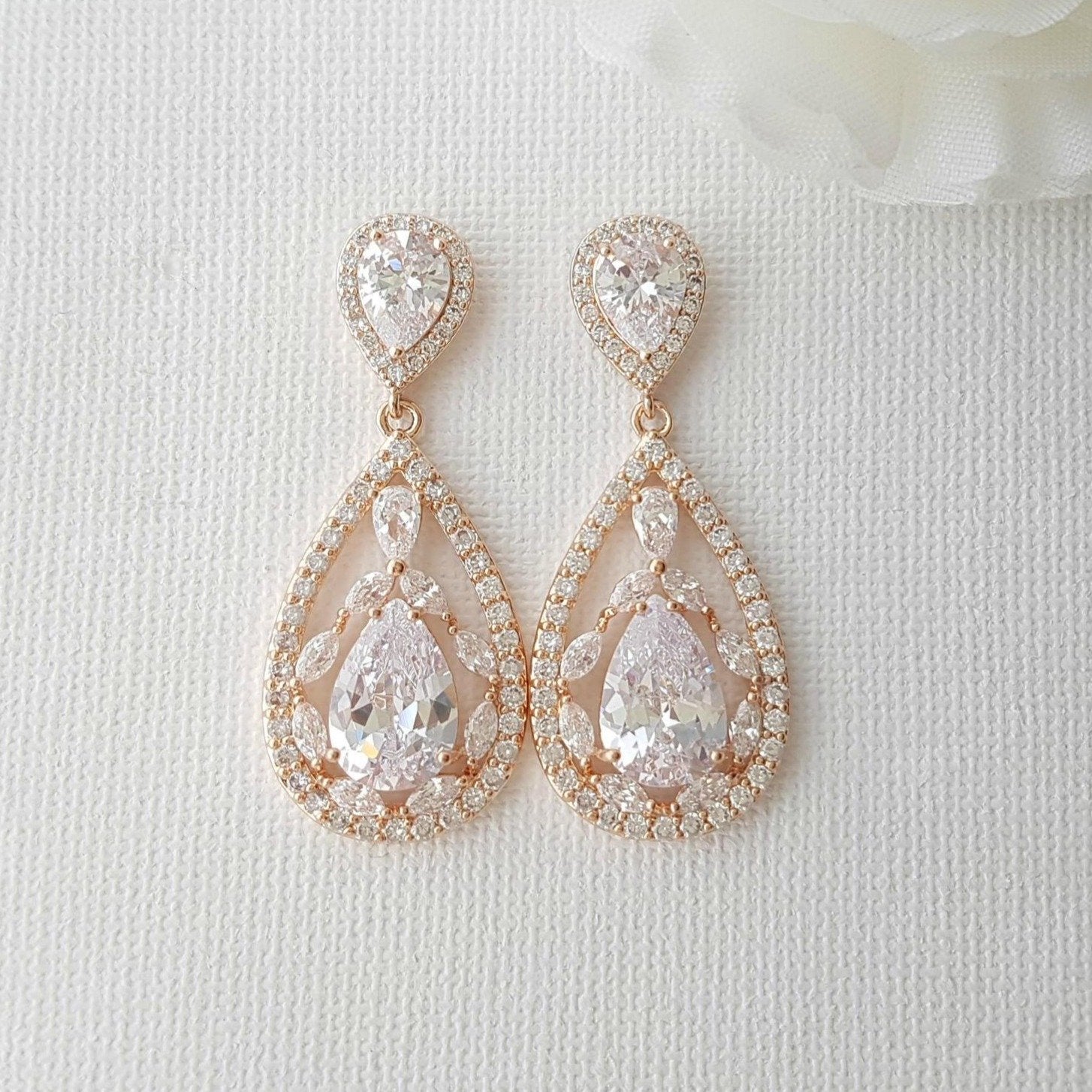 Wedding Rose Gold CLIP ON Earrings Crystal Bridal Earrings Gold Teardr ...