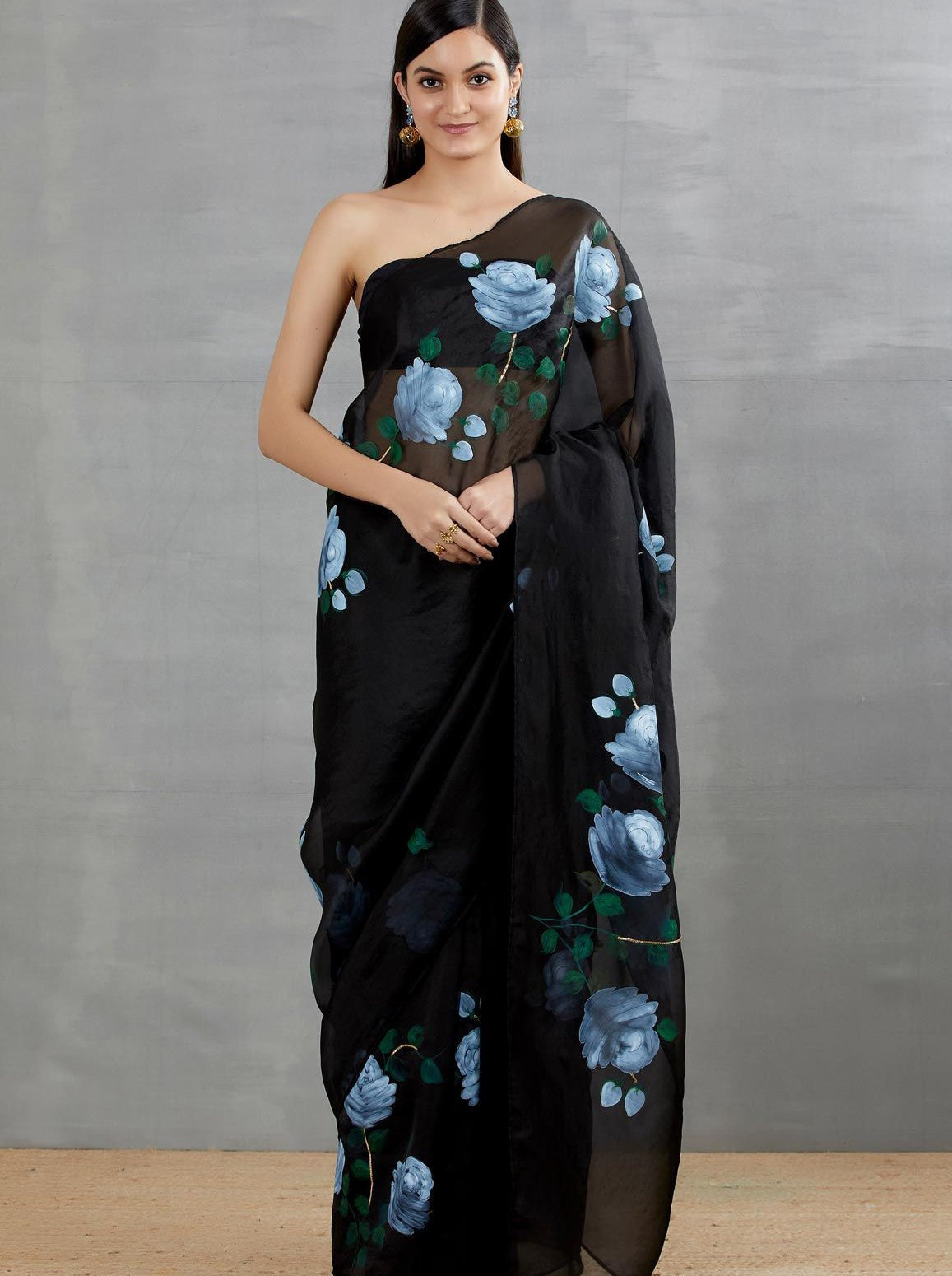 White Roses On Black Organza Saree – BLACK SAREE LOOK FOR PARTY