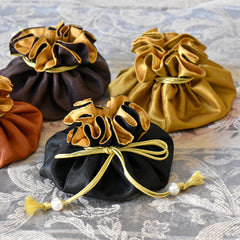 Drawstring Jewelry Pouch in Silk Black & Gold
