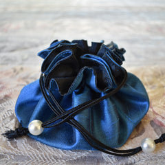 Drawstring Jewelry Pouch in Silk Blue & Black