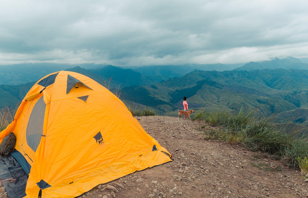 Dog and owner look out at the mountains with a camping tent set up behind them