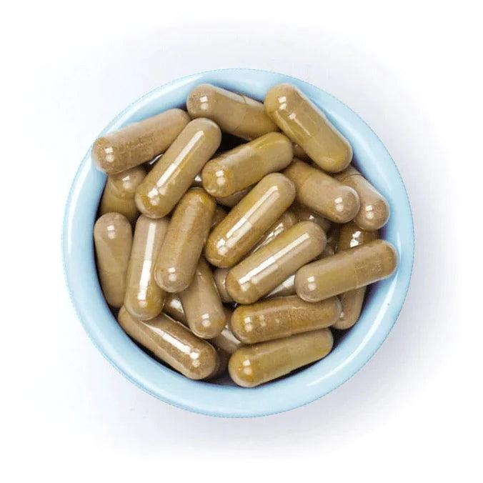 brown herbal supplement in a blue bowl