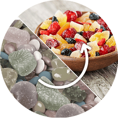 various candies and various dried fruit