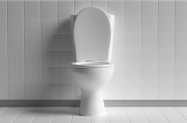 WC toilet bowl white color on white tiles floor and wall background, copy space. 3d illustration