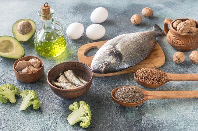 Food with Omega-3 fats: fish, broccoli, olive oil, avocado, nuts, eggs