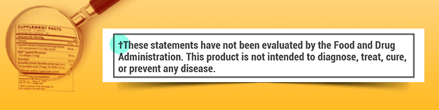 Zoomed in supplement label highlighting the FDA statement that FDA has not evaluated claims.