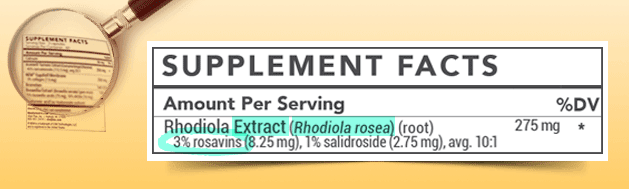 Zoomed in supplement label, highlighting ingredient name, extraction, and extraction ratio