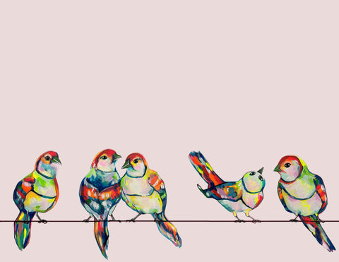 five birds sitting on a wire painted in tropical, bright colors 