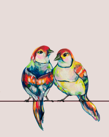 two brightly painted lovebirds sitting on a wire 