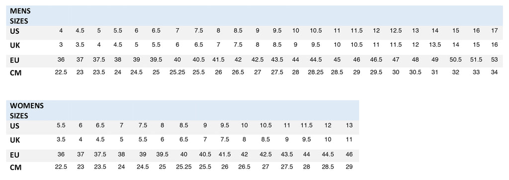 Running Shoe Size Chart