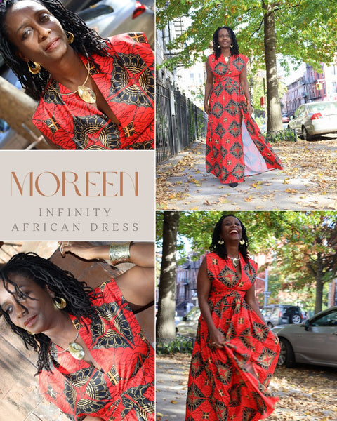 Robe Infinity imprimé africain, robe africaine multi-usure en rouge