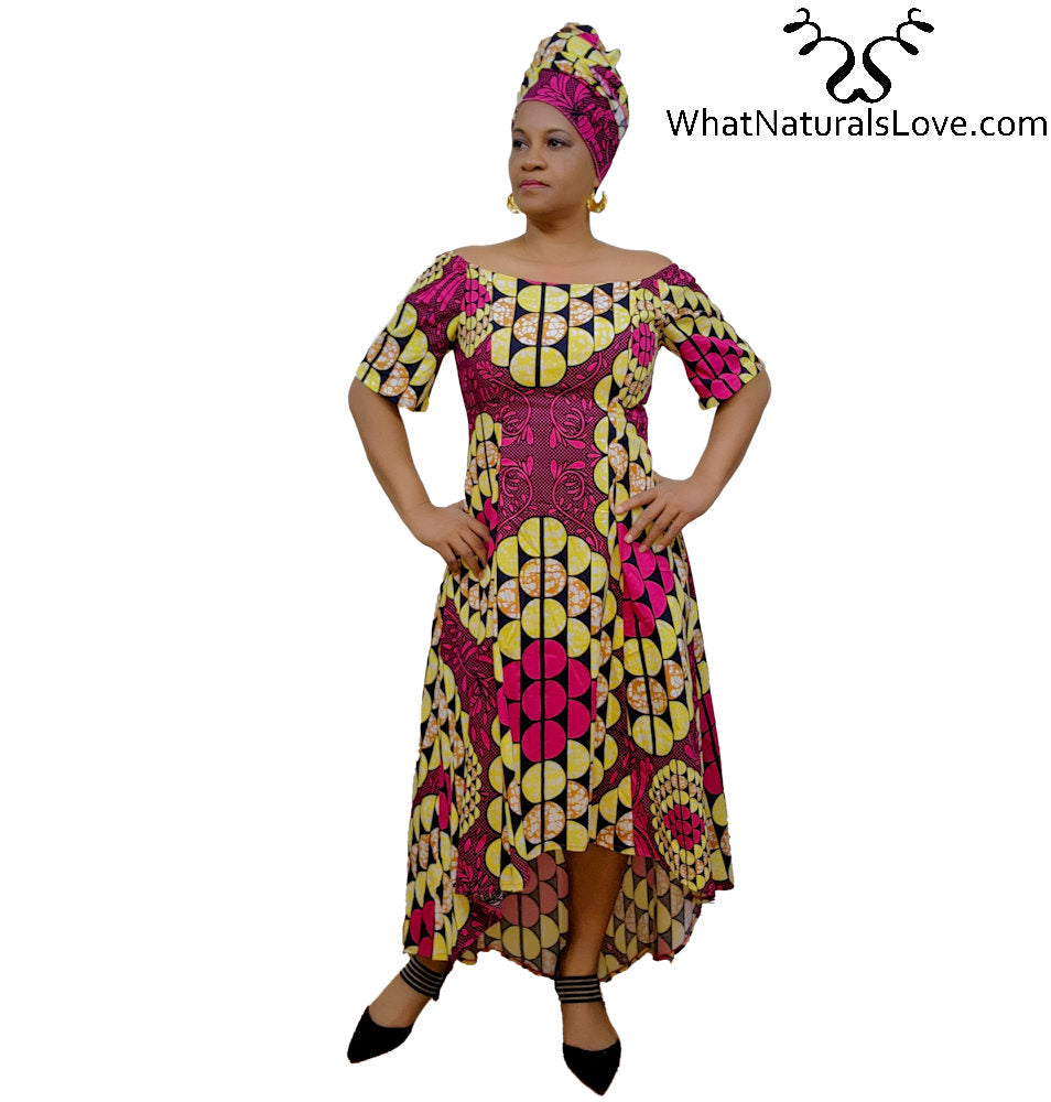 Off shoulder high low dress with headwrap