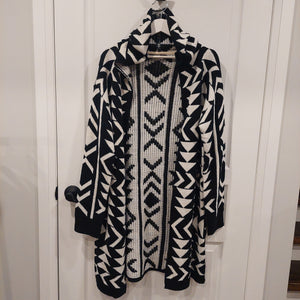 Hooded Patterned Cardigan - Black And White