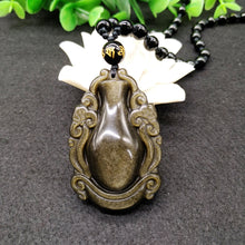 Gold Obsidian Engraved Vase Pendant - Bead Necklace - Jade Jewelry for Men Women