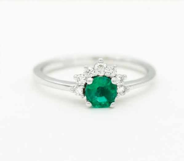 Round Emerald Ring white gold engagement dainty cluster diamond unique bespoke