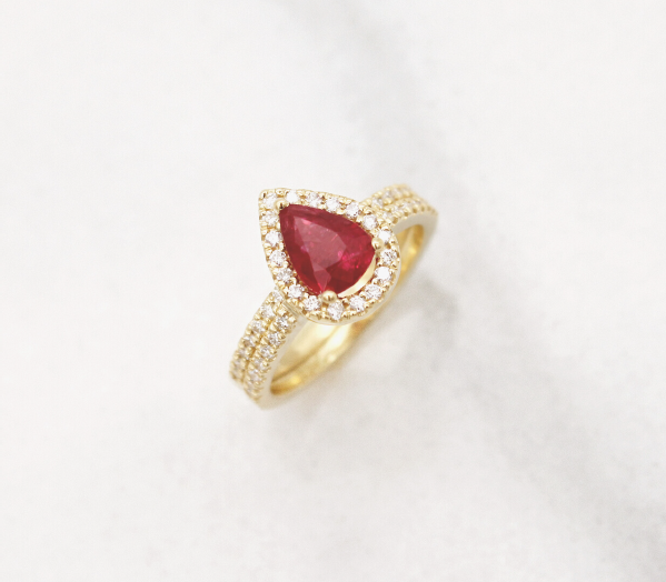 Ruby pear shape halo ring diamonds yellow gold engagement wedding dainty 