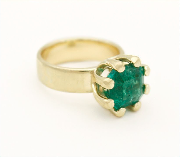 Emerald ring 14K gold yellow chunky setting bobble claw set organic ring 