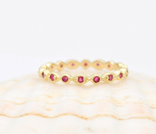 Ruby eternity ring dainty antique style yellow gold wedding band 