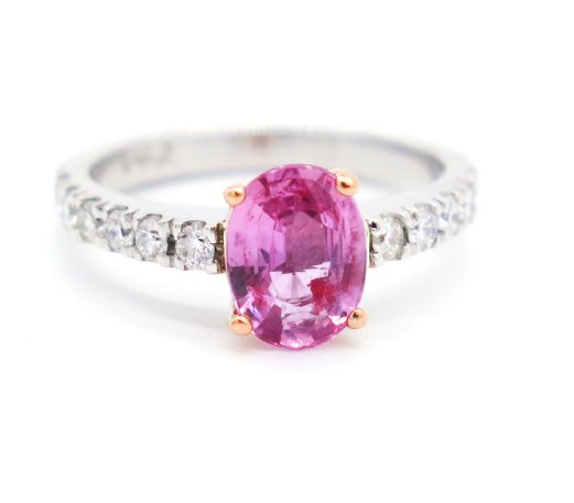 Pink Sapphire Oval Ring rose gold white gold diamonds pave set engagement ring