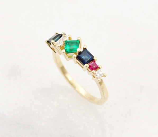 Ruby Sapphire Diamond emerald cluster ring yellow gold claw setting unique hand made