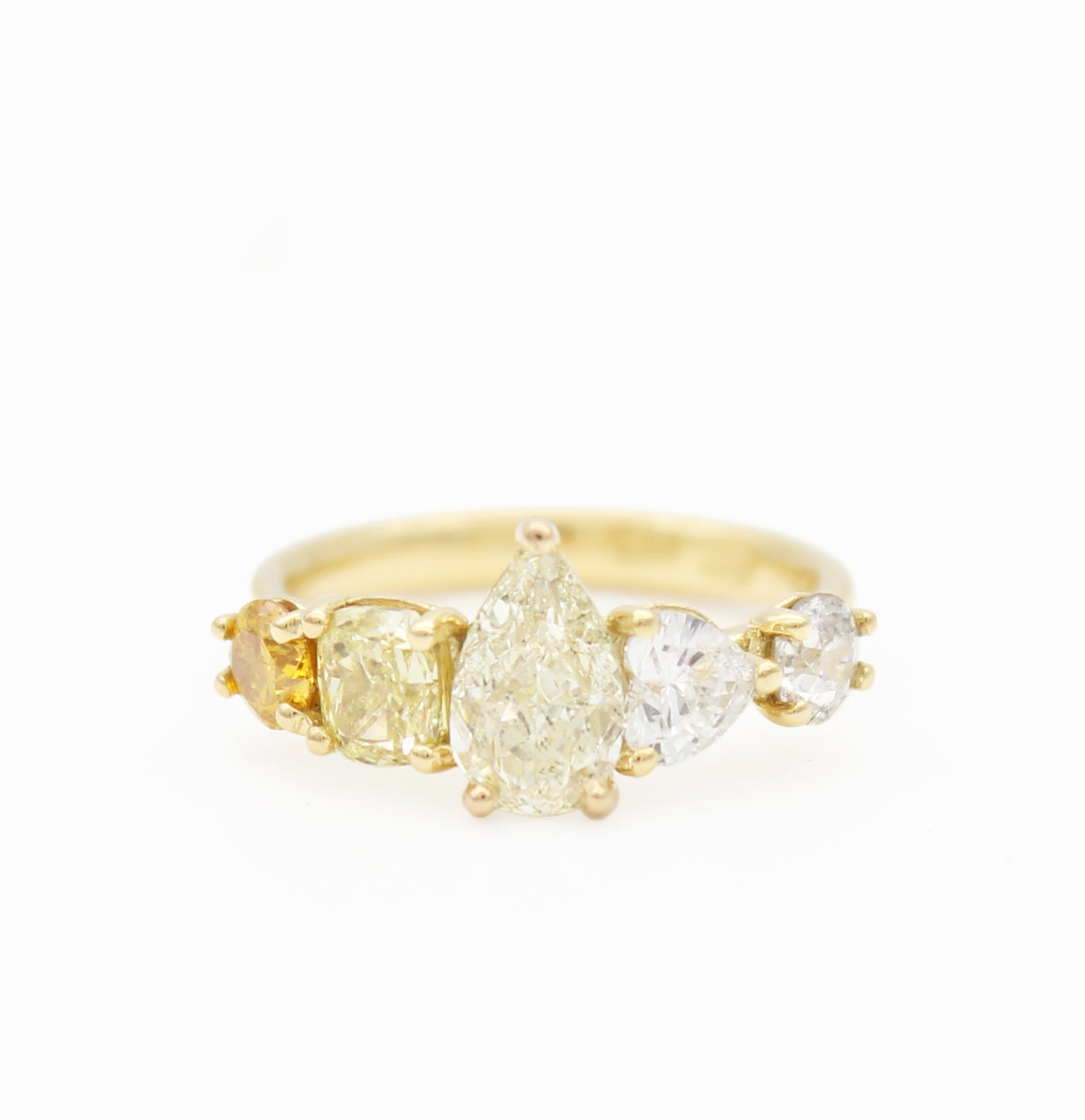 Fancy Yellow pear cushion heart diamond ombre yellow gold engagement ring