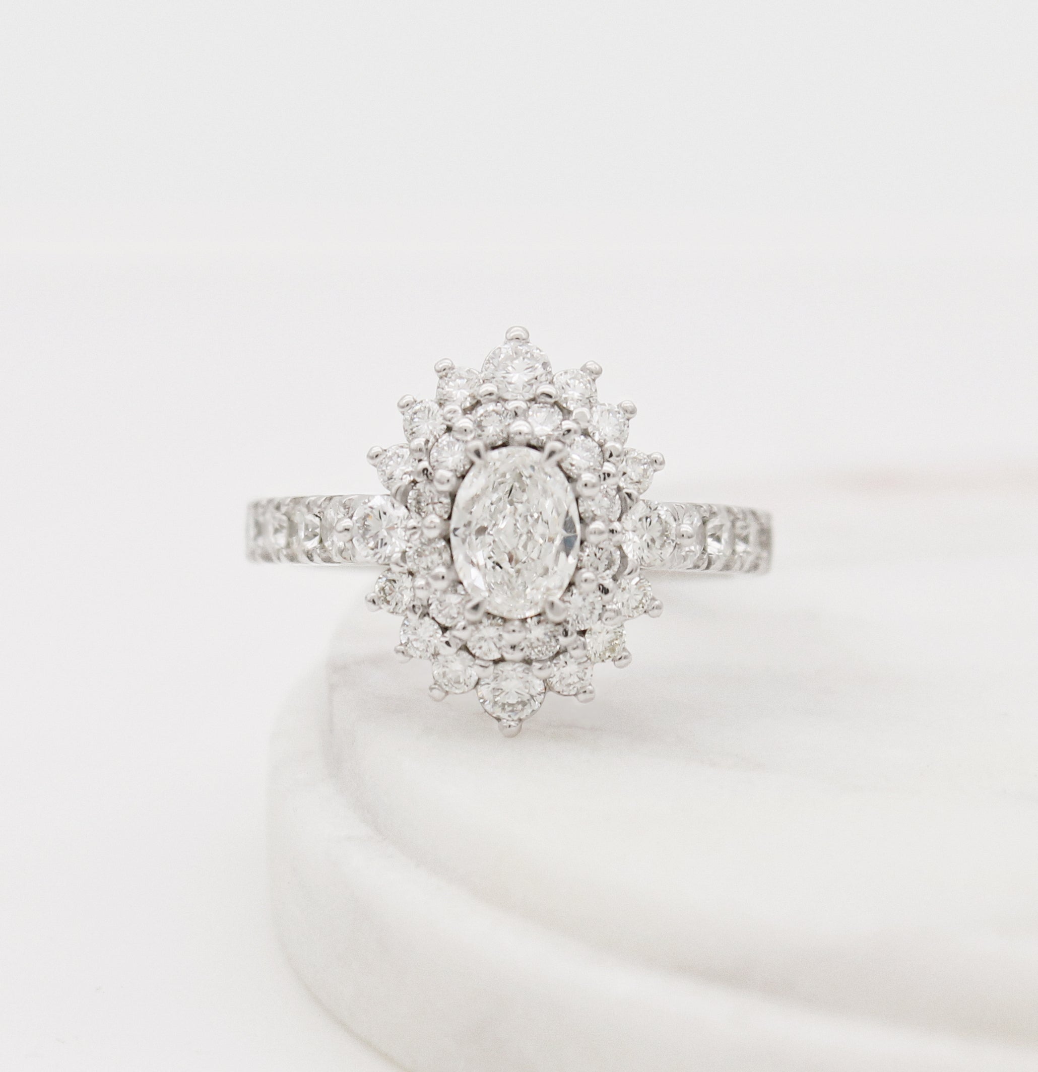 Double halo engagement ring platinum diamonds cluster