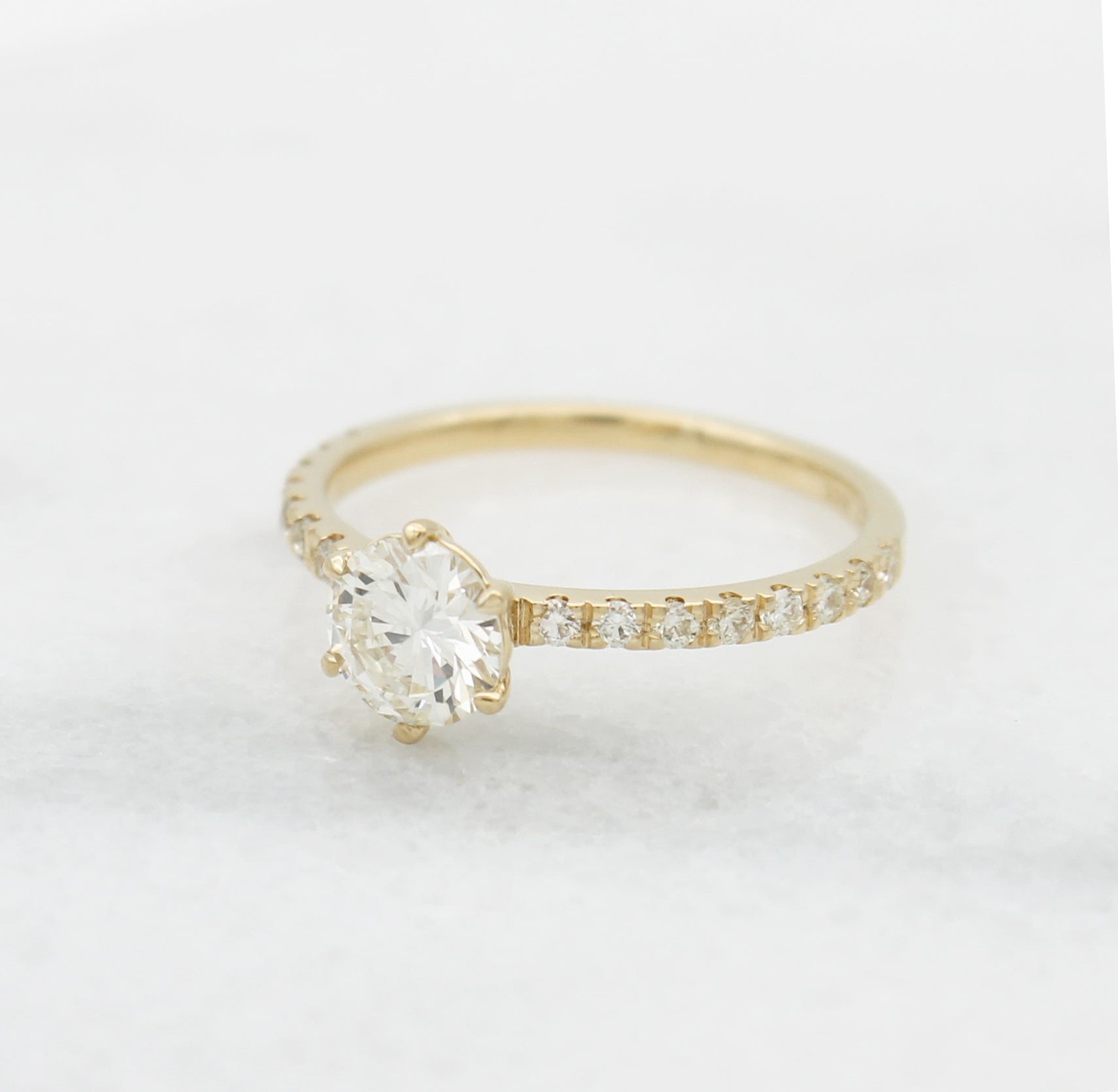Round Diamond engagement ring pave set solitaire dainty yellow gold 18K