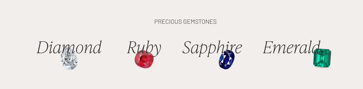 Precious gemstones including Diamond, Ruby, Sapphire, and Emerald.