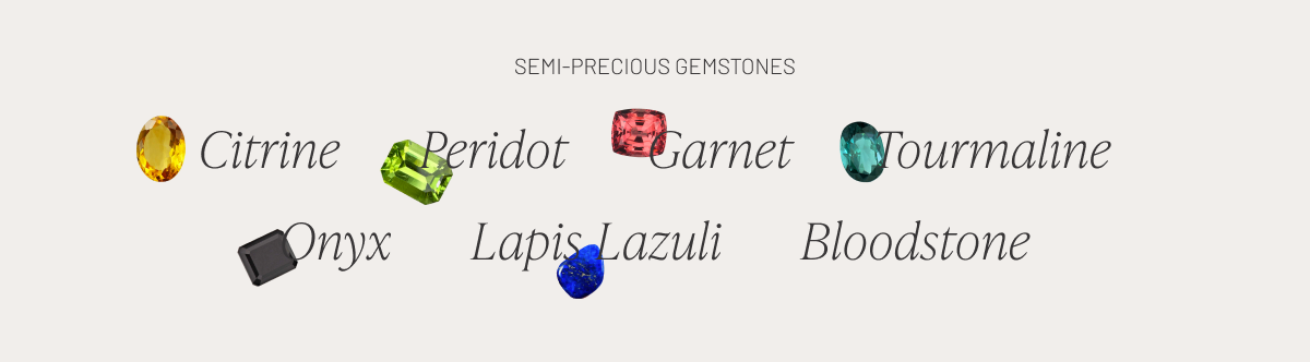 Semi-precious Gemstones including Citrine, Peridot, Garnet, Tourmaline, Onyx, Lapis Lazuli, and Bloodstone.