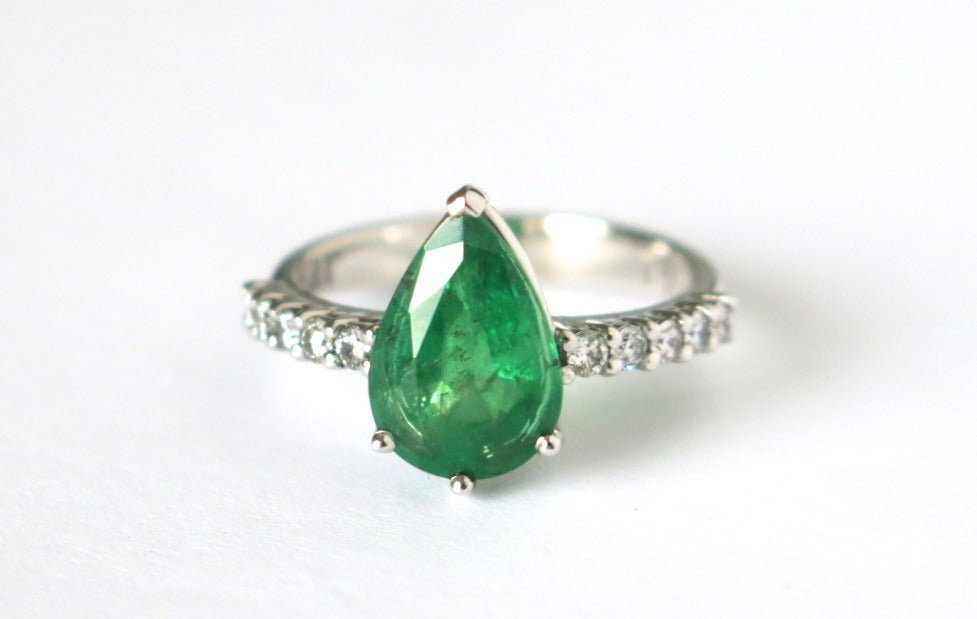 Pear shaped emerald ring claw setting white gold diamonds engagement handmade 