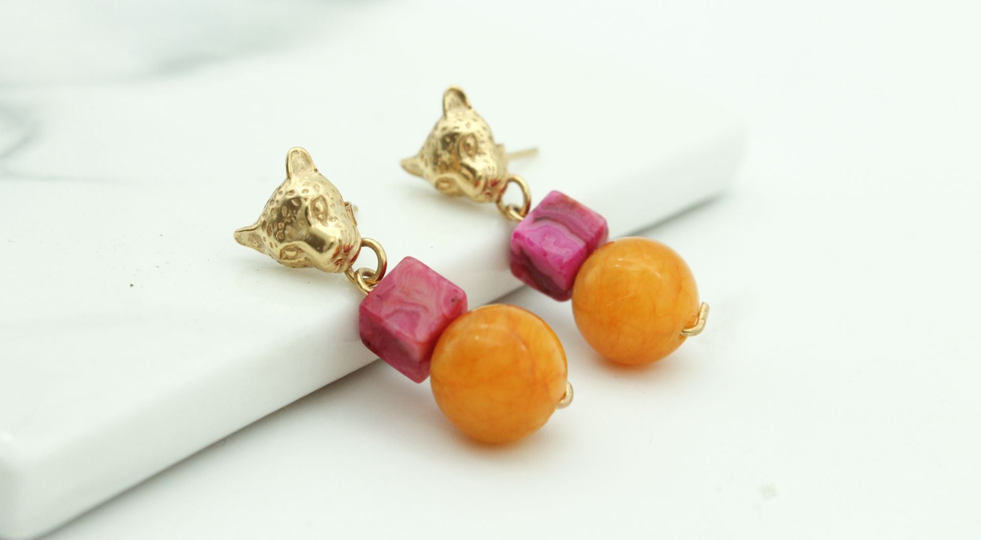 Ingwe Fuschia Agate and Mango Jade Earrings.