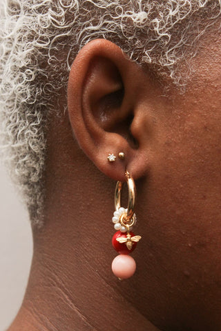 Tiny Bee Cham, Baby Pearly Loop, Shell Coral & Pink Jade earring charm stack.