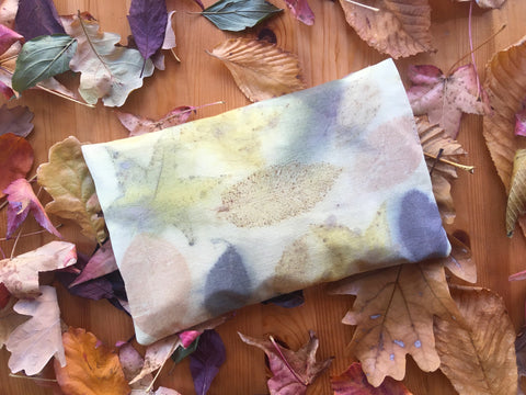 Cherry pit pillow made from peace silk and bundle-dyed with real leaves