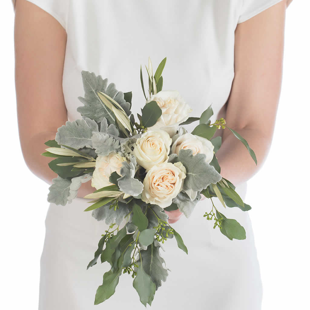 White Roses Dusty Miller Bridesmaid Bouquet - Blume, designed by Victoria  Swarovski