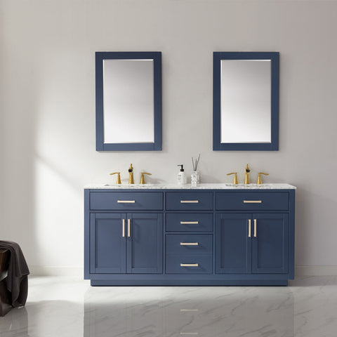 Evos Blue Bathroom Vanity with Two Sinks and Gold Faucets