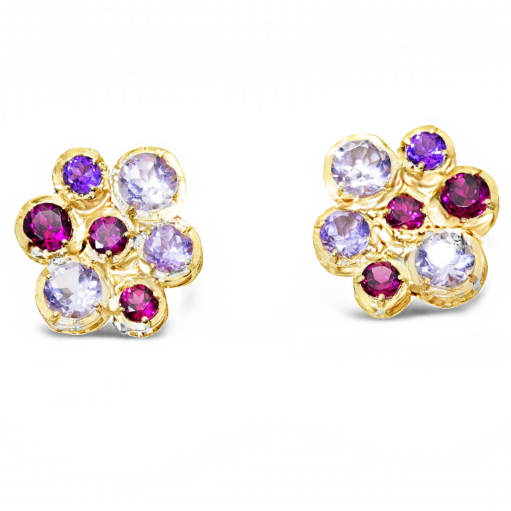 Beautiful 14k yellow gold earrings.  Multi shade of amethyst from pale to deep amethyst colors   Stud earrings  Secure friction backs  Matte finish 