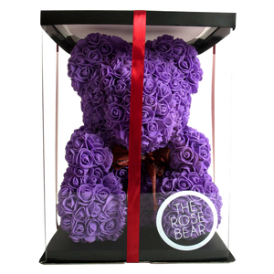 purple rose bear with box