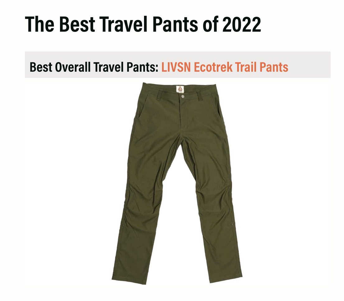 GearJunkie Names EcoTreks Best Travel Pants of 2022 – LIVSN