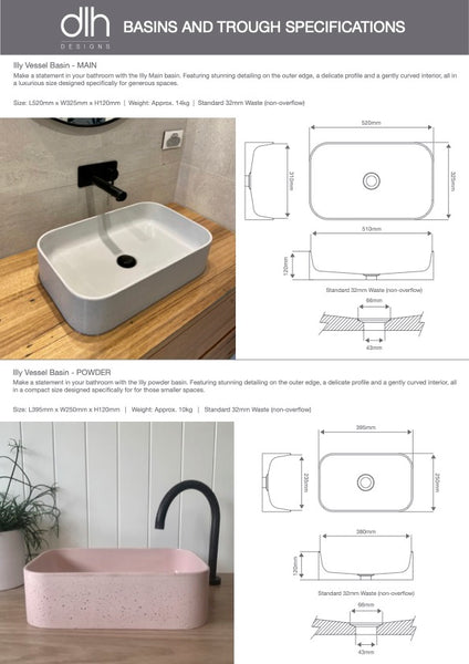 DLH Designs Basin spec sheet Illy series basins