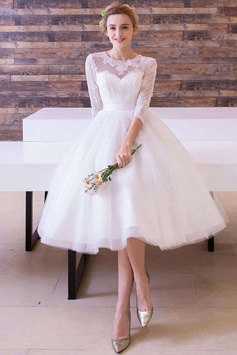 A Lineprincess 34 Sleeves Tea Length Bridal Wedding Dresses Okeydress 5253