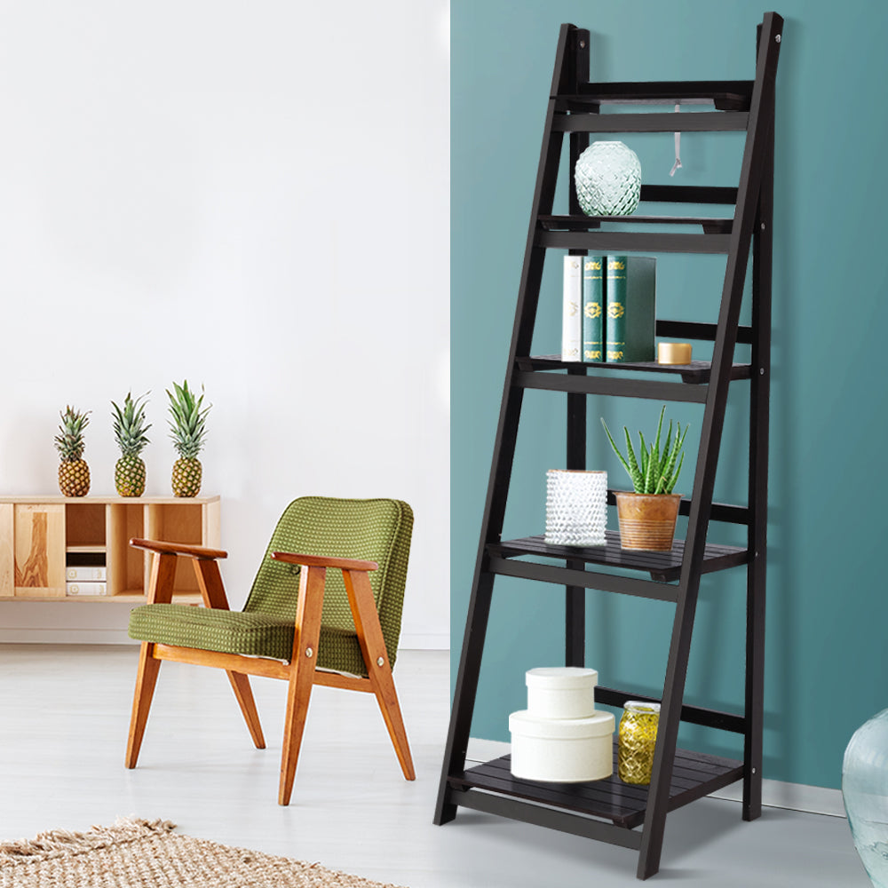 Artiss Display Shelf 5 Tier Wooden Ladder Stand Storage Book Shelves Rack Coffee