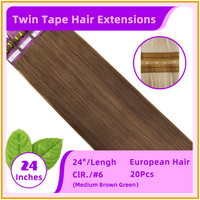 24" #6  20 Pieces  Twins Tape European Hair Extensions Medium Brown Green