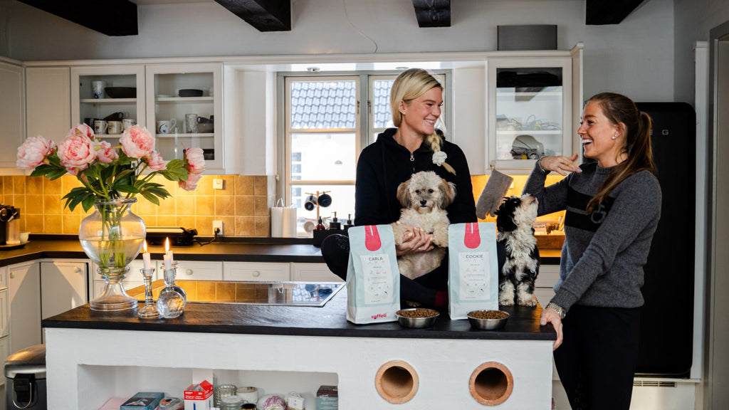 Rasmine Laudrup og Cathrine Dufour hygger i deres køkken med deres hunde