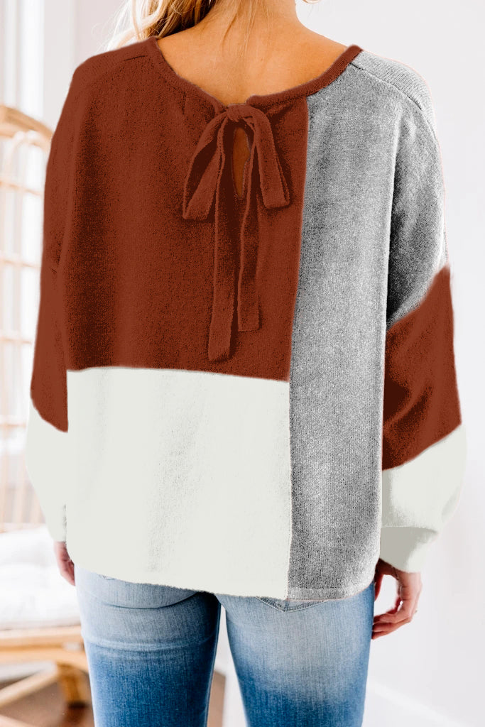 Color Block Tie Back Long Sleeve Patchwork Sweater Top