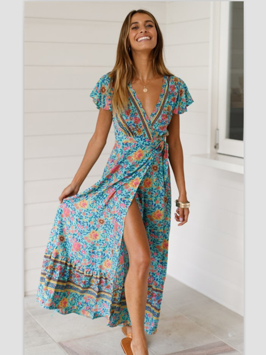 Floral V-neck Short Sleeve Maxi Dress – Landing Closet