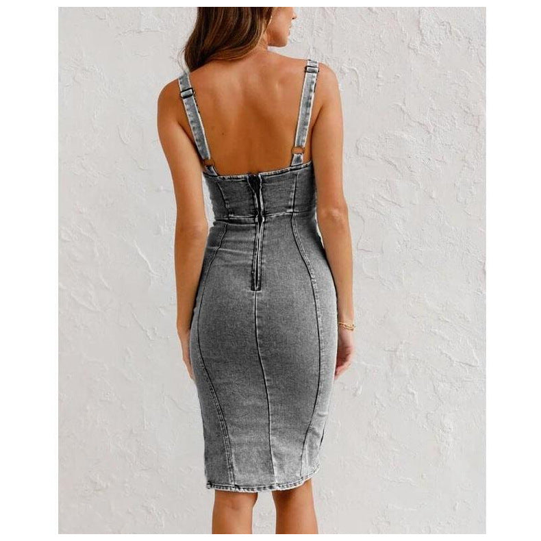 Sleeveless Side Split Bodycon Midi Denim Dress – Landing Closet