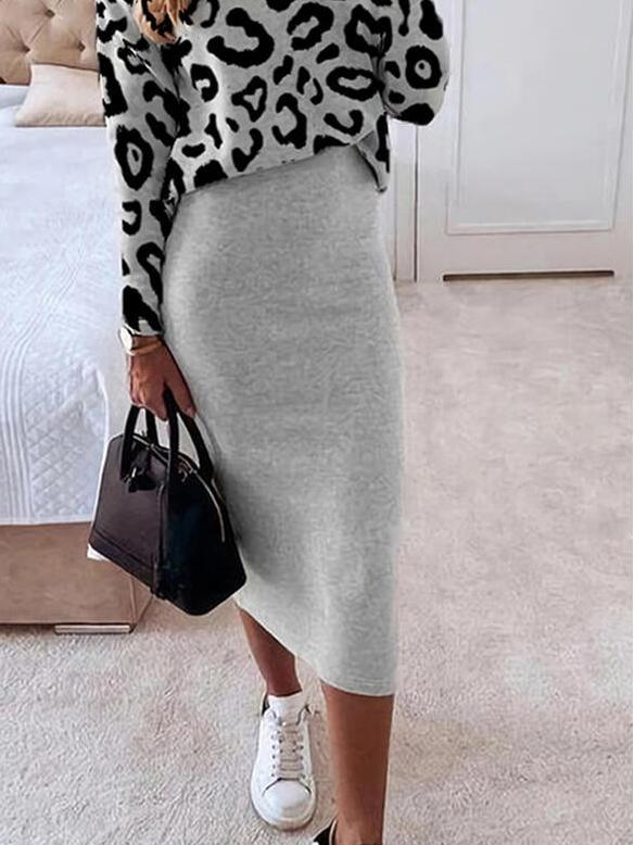 Women's Sets Leopard Print Long Sleeve Top & Skirt Two Piece Set