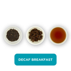 Decaf Breakfast loose leaf tea – three cups showing the plain leaf, the unfurled leaf with the water added and then the final brew of tea.