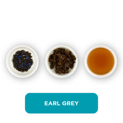 Earl Grey loose leaf tea – three cups showing the plain leaf, the unfurled leaf with the water added and then the final brew of tea.