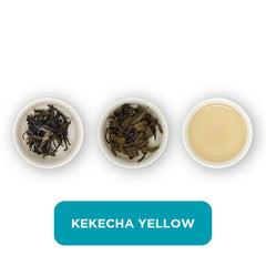 Kekecha Yellow loose leaf tea – three cups showing the plain leaf, the unfurled leaf with the water added and then the final brew of tea.